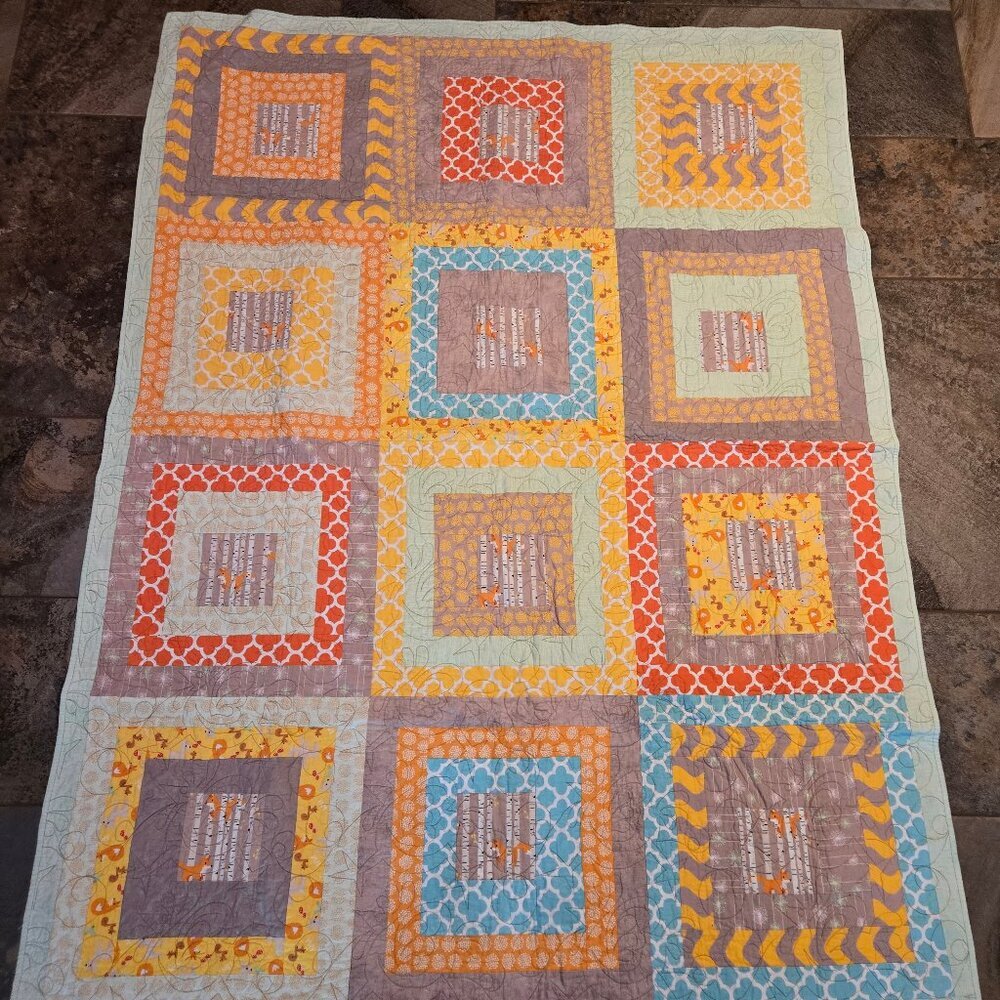 Handmade Fox Themed Quilt 52" x 70" Baby Child Bedroom Gift Colorful Pastels
